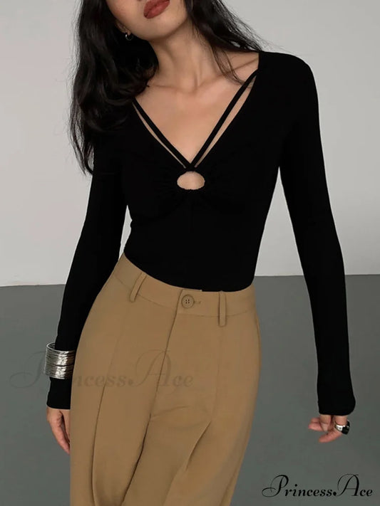 Double Sided Keyhole Trendy Rib Long Sleeve Shirt Black / Xs T-Shirts