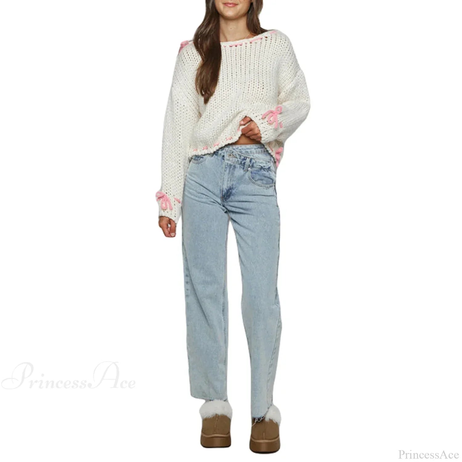 Drawstring Loose Long Sleeve Sweater WHITE / S