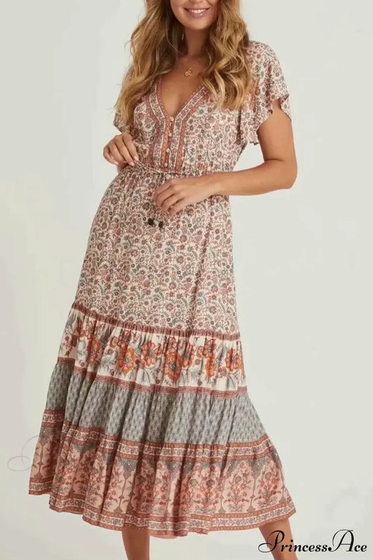 Drawstring Waist Midi Dress Vintage Floral Cotton Casual Summer Dress