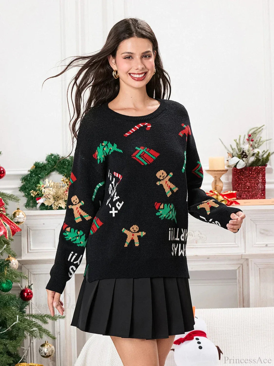 Drop Shoulder Gingerbread Man Pattern Long Sleeve Knit Christmas Sweater Black / S Sweaters-L
