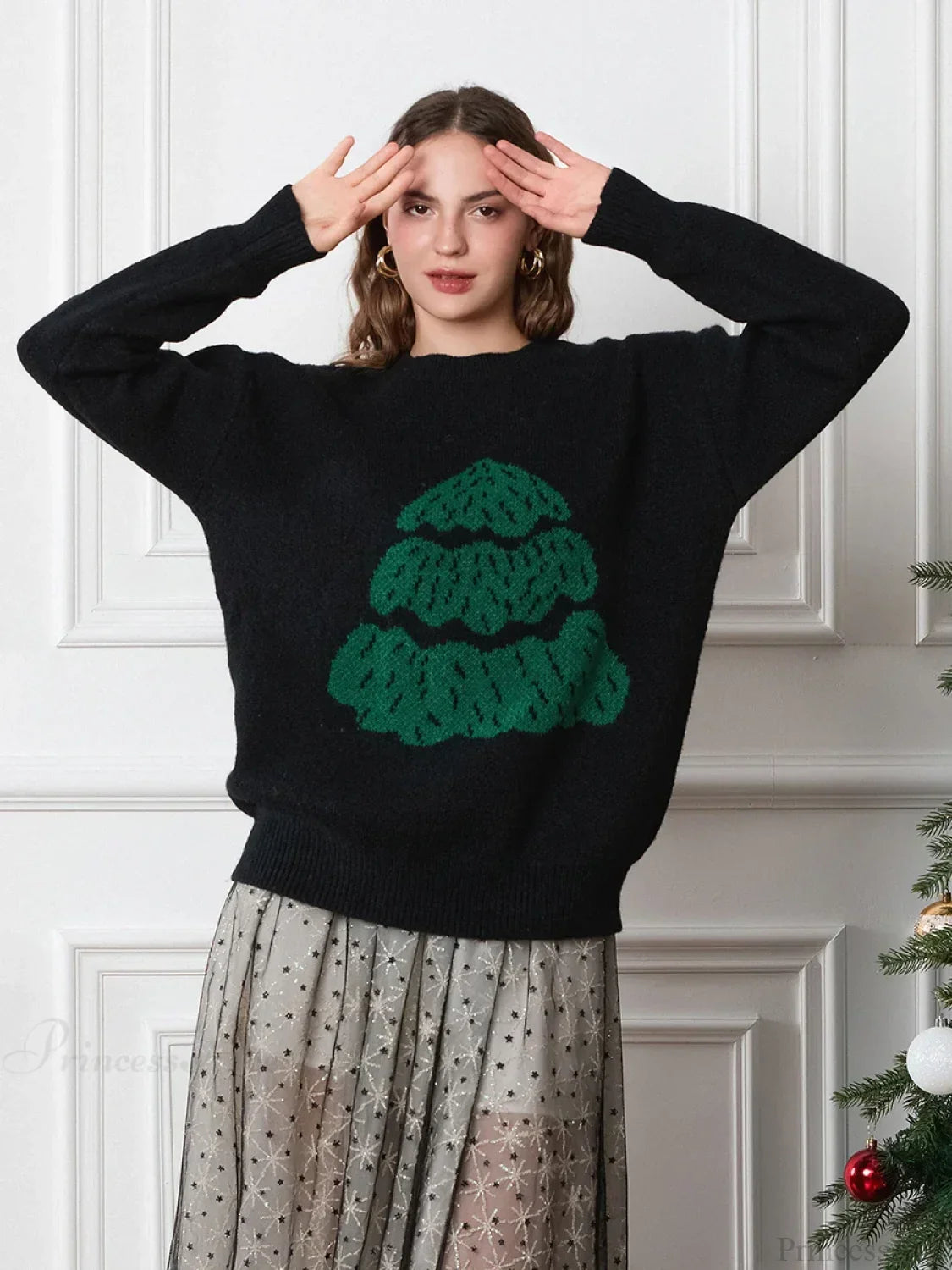 Drop Shoulder Long Sleeve Round Neck Christmas Tree Warm Sweater Black / S Sweaters-L