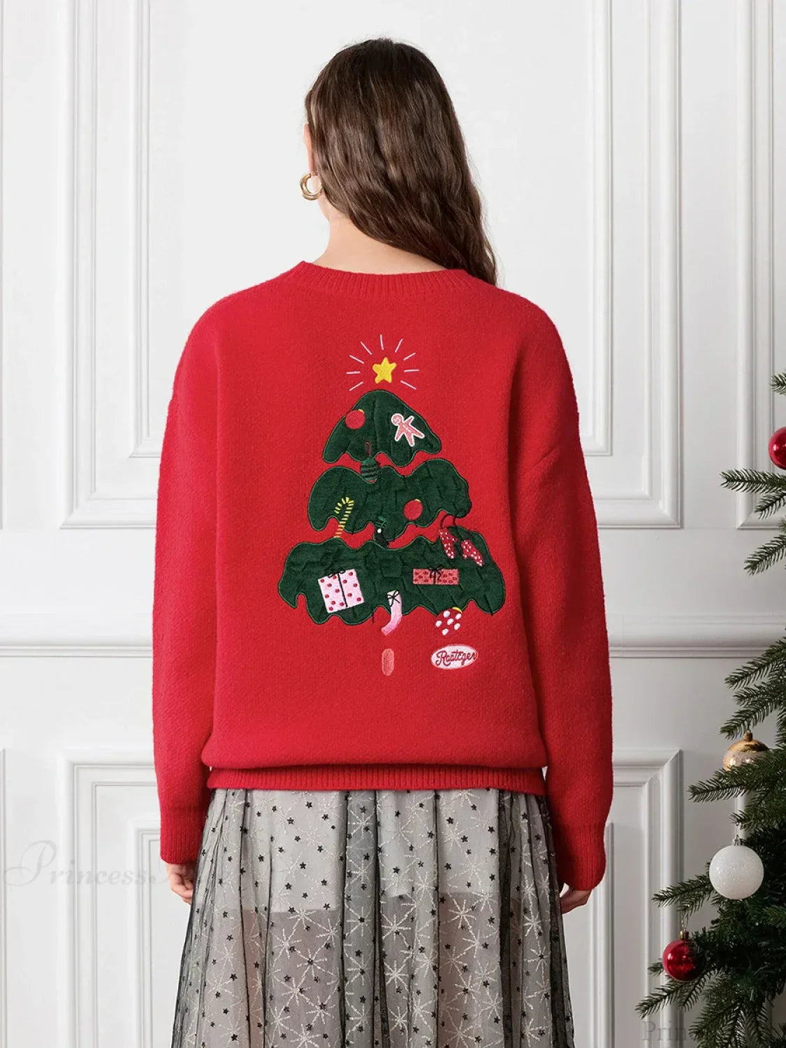 Drop Shoulder Long Sleeve Round Neck Christmas Tree Warm Sweater Sweaters-L