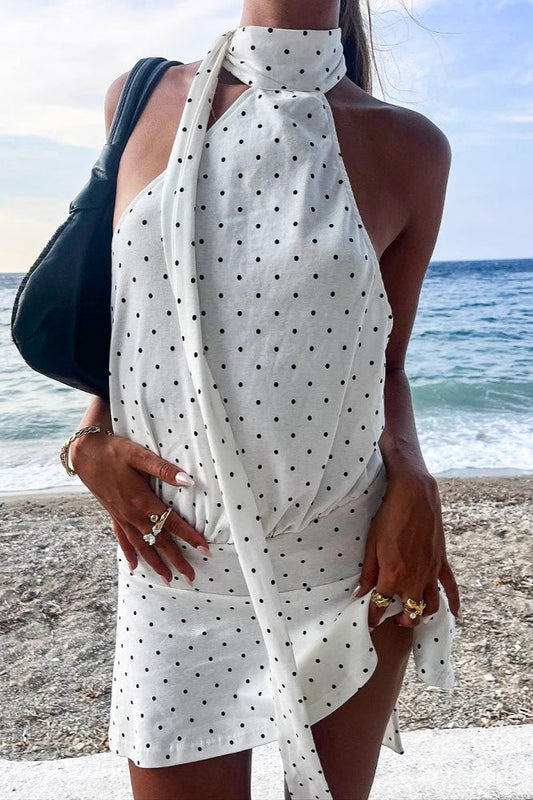 Fashionable Polka Dot Backless Halter Mini Dress
