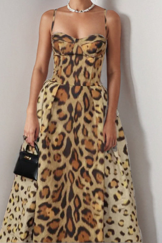 Leopard Print Waist Fitted Cami Maxi Dress