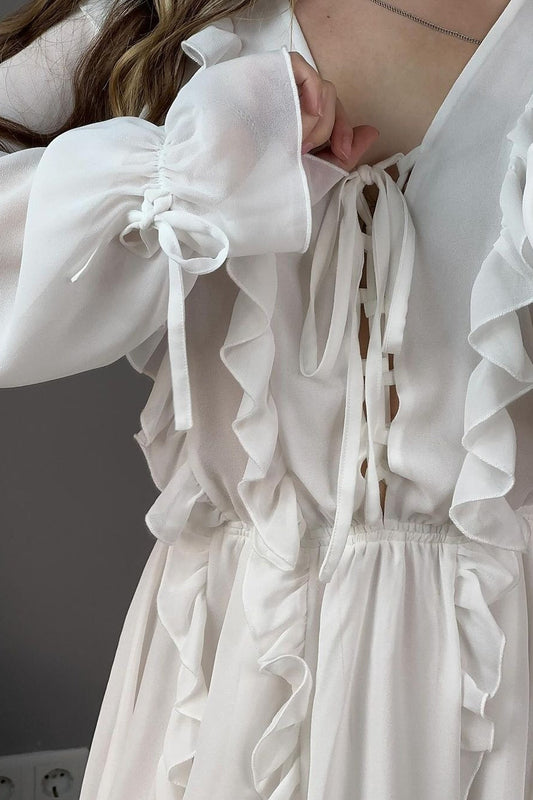 Chiffon Ruffle Long Sleeve Boho Dress