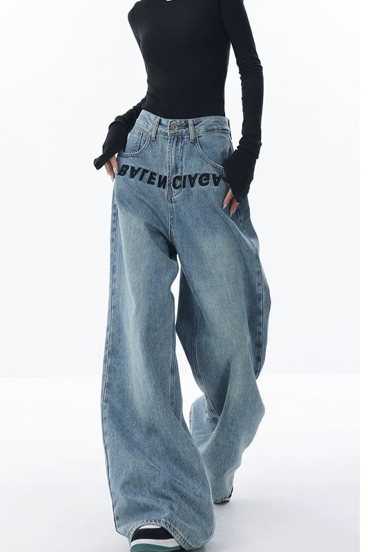 High Rise Embroidered Wide Leg Jeans