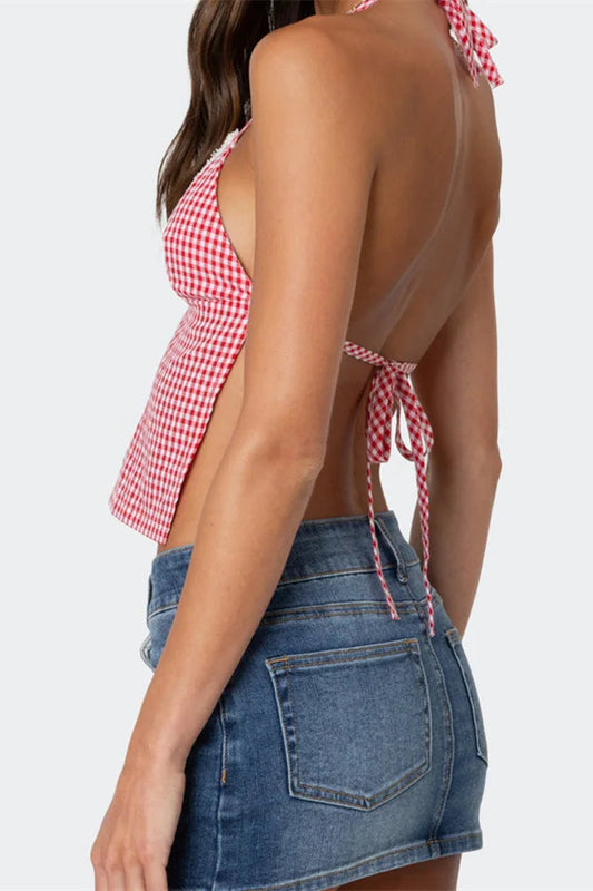 Plaid Halter Backless Deep V-neck Crop Top