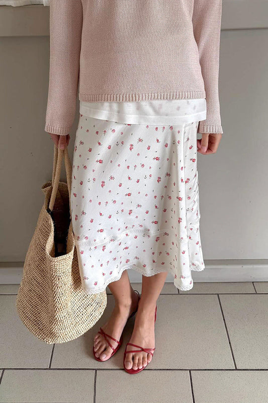 Floral Lace Panel Midi Skirt