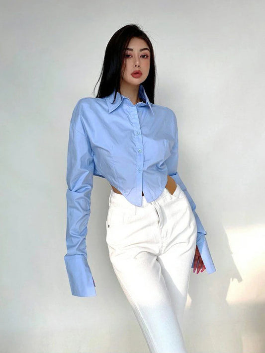 Korean Style Long Sleeve Button Crop Bloshope