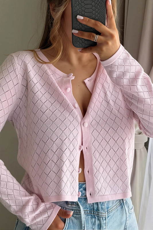 Pointelle Round Neck Button Cardigan