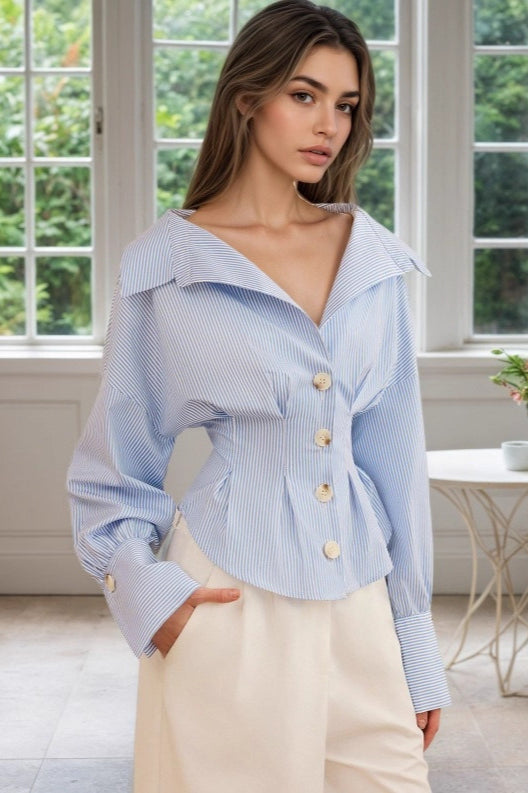 Ruffled Collared Puff Sleeve Striped Bloshope
