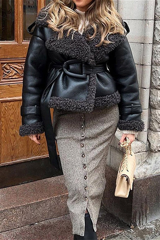 Edgy Solid Plush Leather Panel Belt Coat
