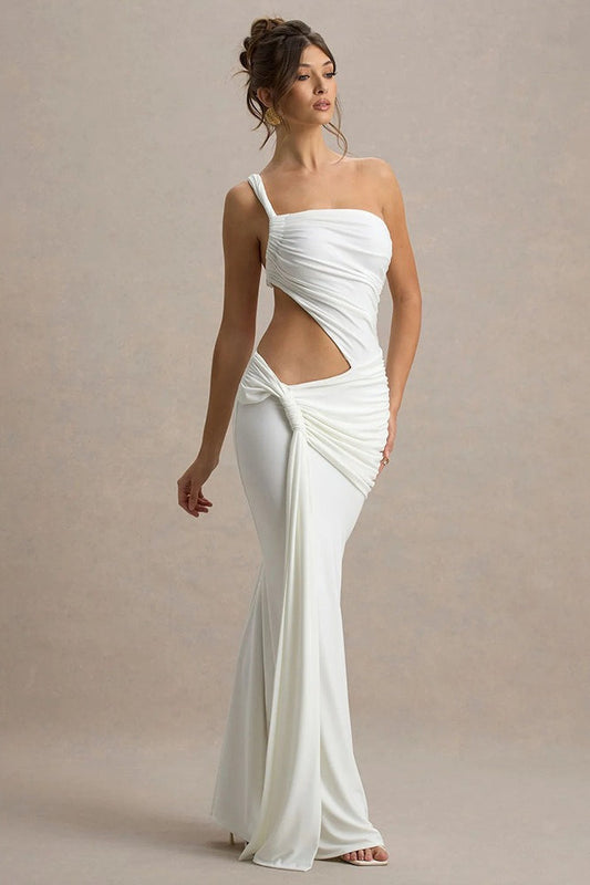 One Shoulder Ruched Backless Bodycon Maxi Dress