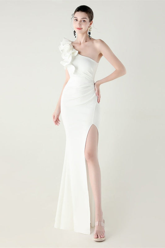 Ruffled Floral One Shoulder Satin Party Dress