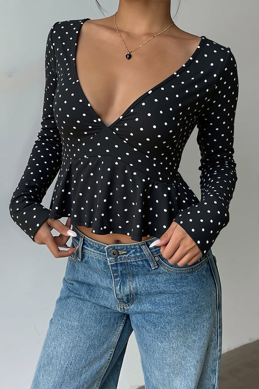 Polka Dot Peplum Wrap Blouse