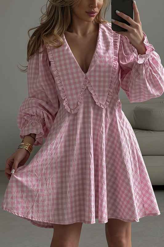 Plaid Bow Collar Ruffle Sleeve Mini Dress