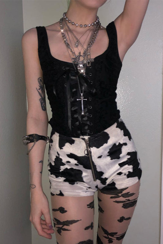 Knit Lace Square Neck Lace-Up Corset