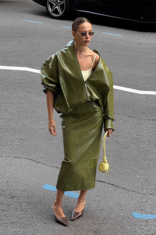 Chic Solid Patent Leather Stand Collar Jacket Skirt Two Piece Set