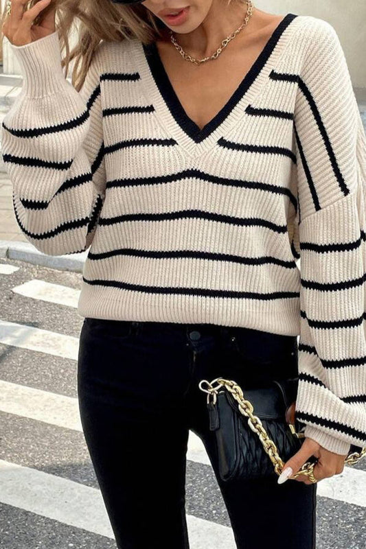 Chic Striped V Neck Back Bow Long Sleeve Knit Sweater