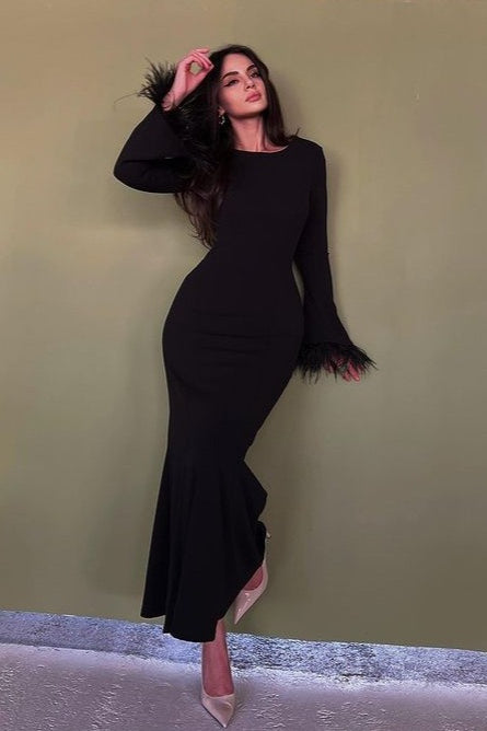 Feather Trim Bodycon Maxi Sweater Dress
