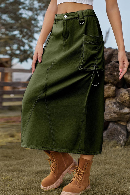 Vintage High-Waist Denim Cargo Midi Skirt
