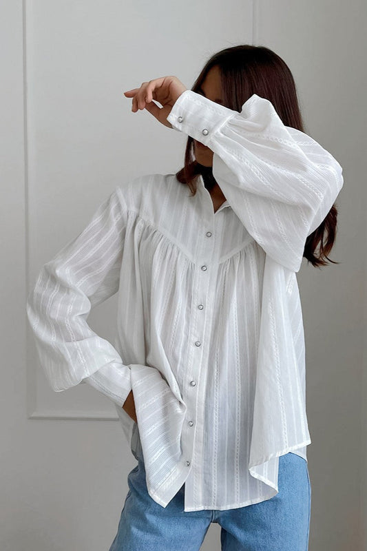 White Cotton Jacquard Stand Collar Blouse