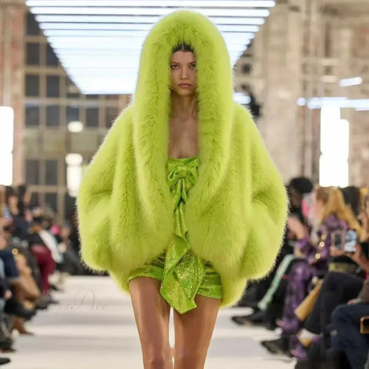 Eco-Friendly ImiTation Fox Hooded Coat yellowish green / XS