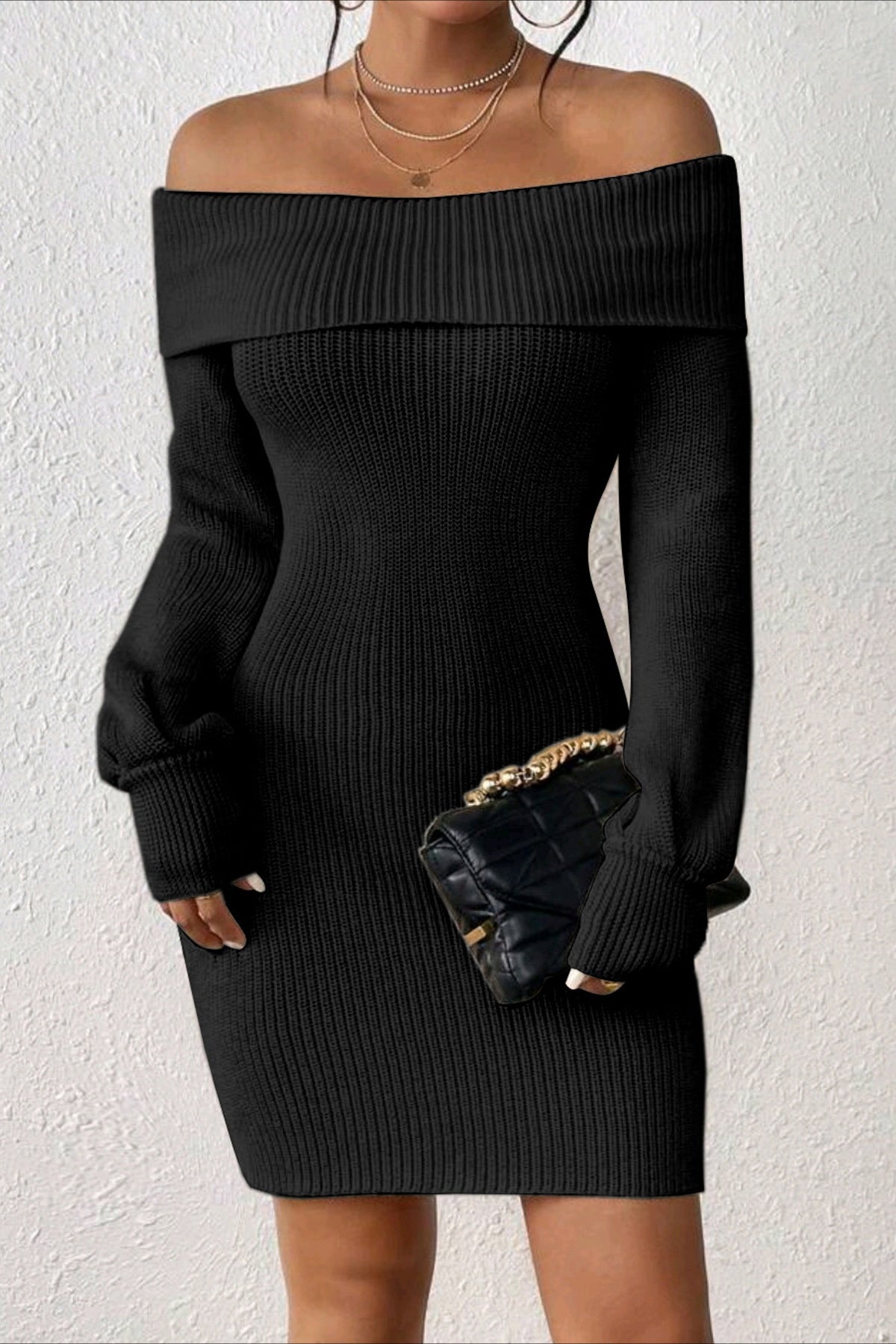 Long Sleeve Off Shoulder Slim Fit Knit Sweater Dress