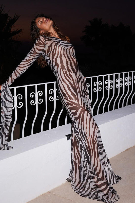One Shoulder Sheer Leopard Maxi Dress