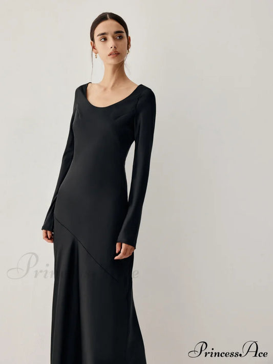 Effortless Satin Long Trendy Sleeve Dress Black / S Dresses