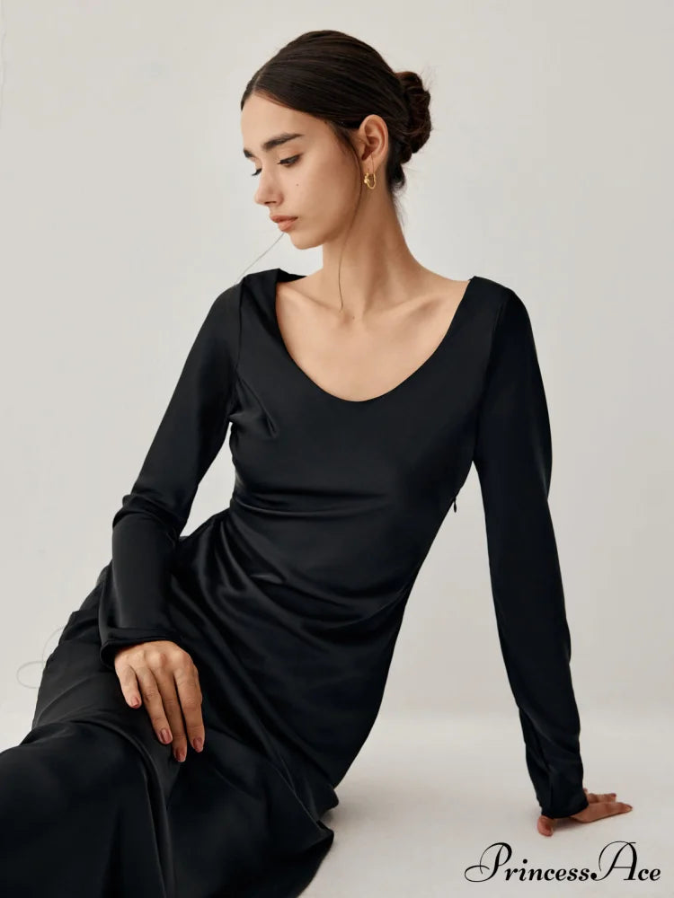 Effortless Satin Long Trendy Sleeve Dress Dresses