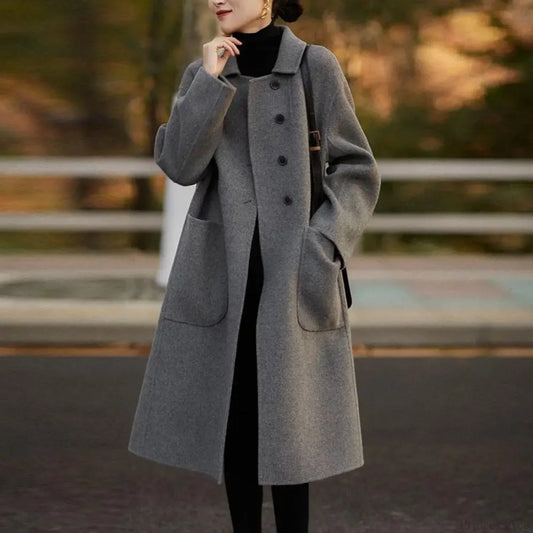 Elegant Black O-neck Puff Sleeve Overcoat Grey / M