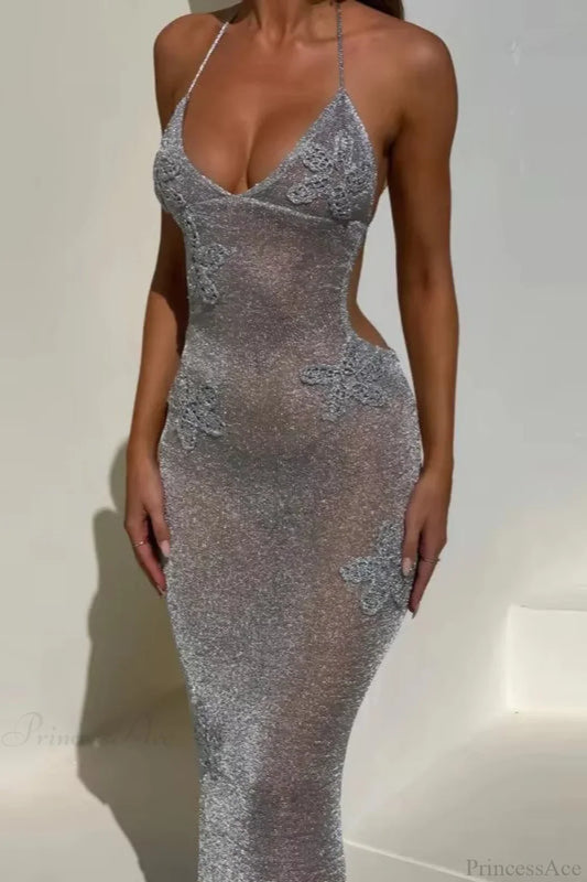 Elegant Deep V-Neck Spaghetti Strap Fitted Sheer Backless Evening Dress