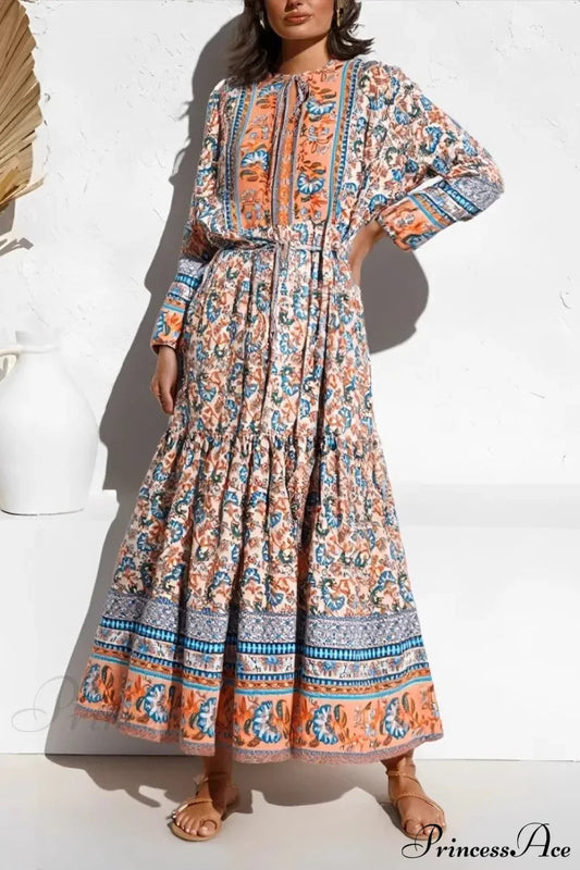Elegant Floral Lace-up Tassel Rayon Maxi Boho Sundress