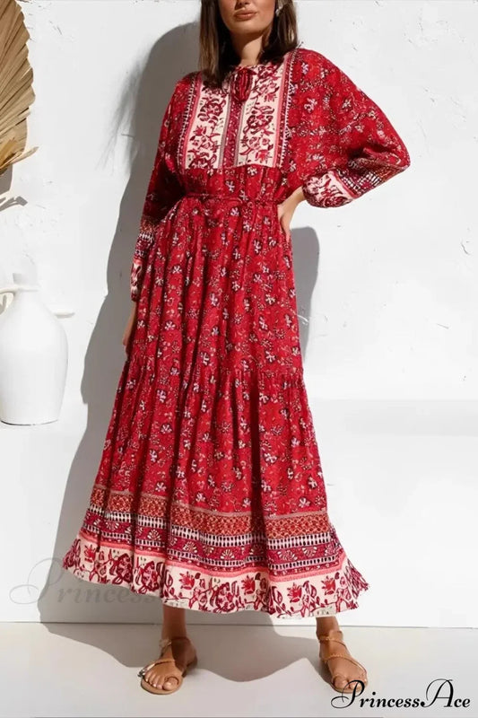 Elegant Floral Lace-up Tassel Rayon Maxi Boho Sundress