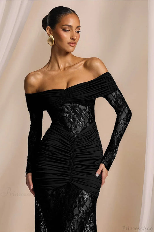 Elegant Lace Off-the-Shoulder Long Sleeve Bodycon Evening Dress