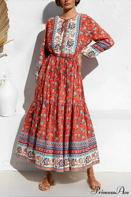 Elegant Lace-up Floral Print Boho Dress