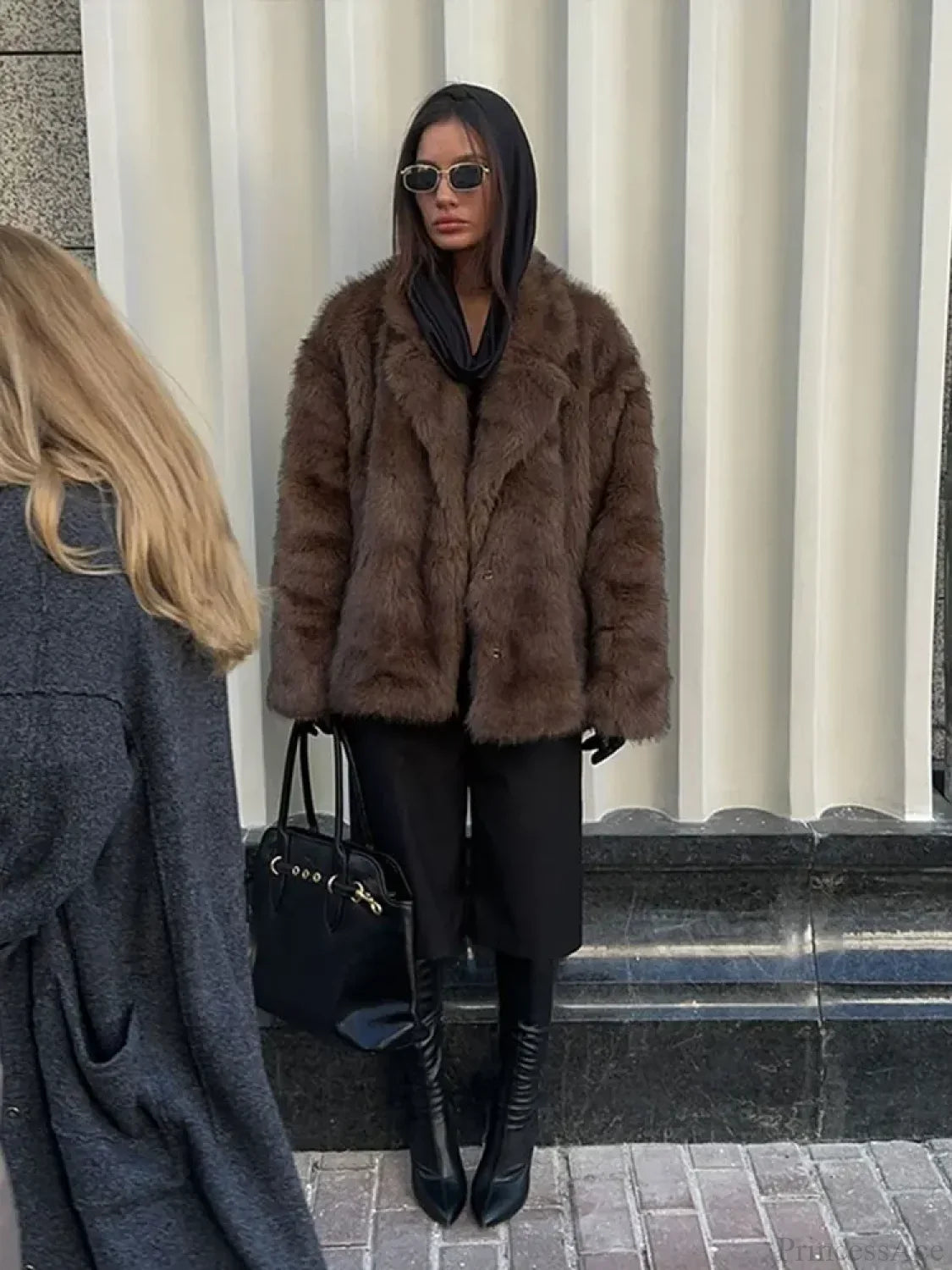Elegant Lapel Fluffy Long Coat Brown / S