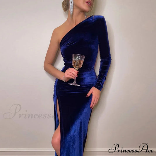Elegant Long Sleeve Party Evening Velvet Bodycon Split Pencil Midi Christmas Party Dress