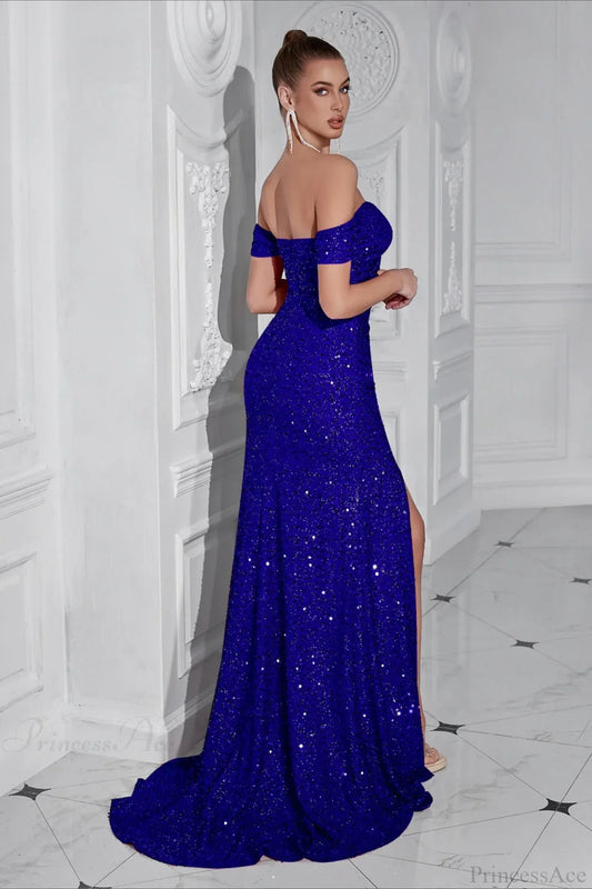 Elegant Off-The-Shoulder Sequin High Slit Fitted Evening Dress