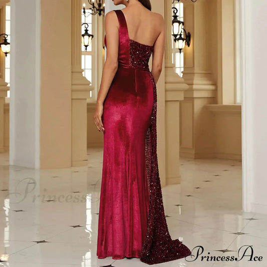 Elegant One Shoulder Draped Split Wedding Party Prom Formal Long Gown Christmas Party Dress