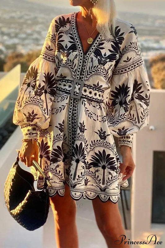 Elegant Print V-neck A-line Boho Dress