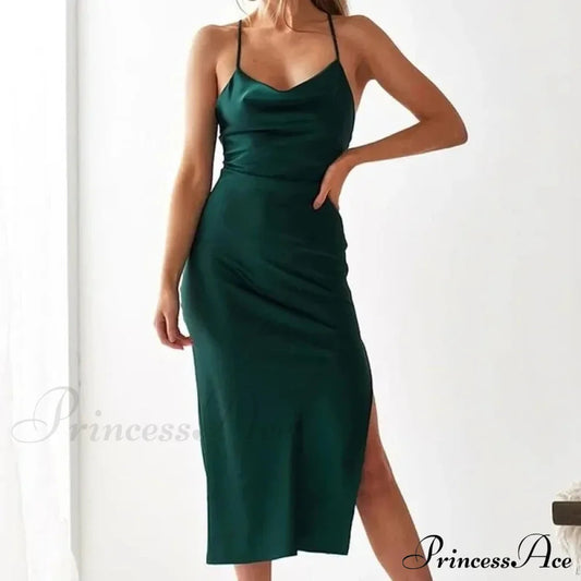 Elegant Satin Long Dresses Green Party Sexy Evening Backless Summer Christmas Party Dress