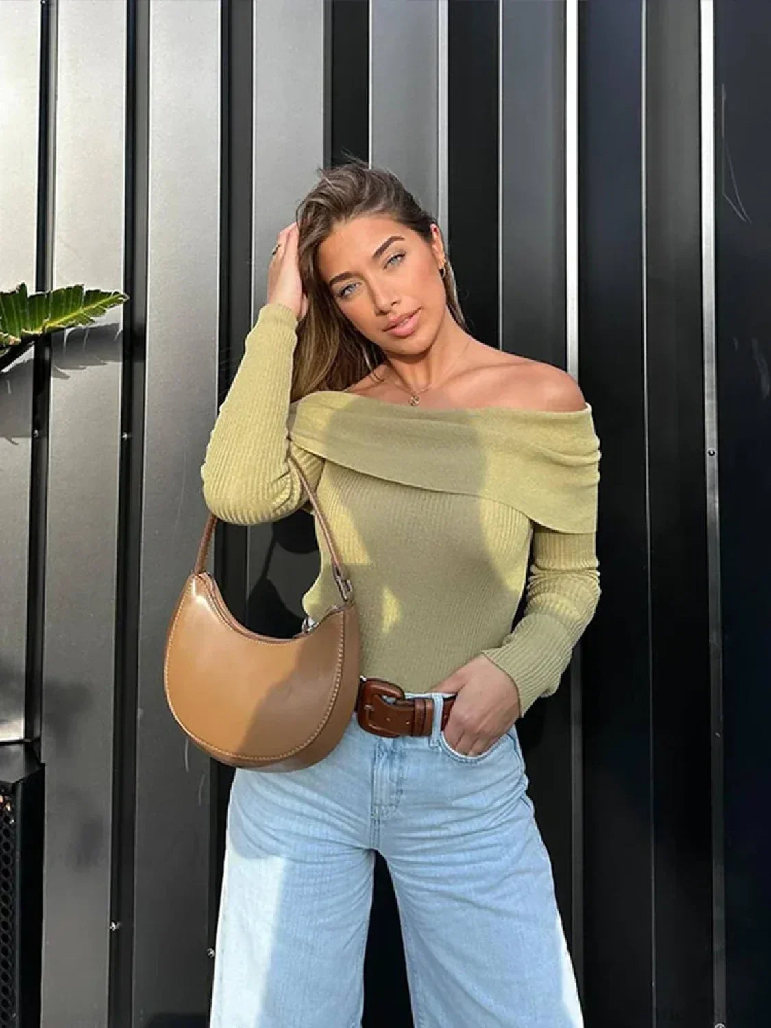 Elegant Slim Green Off-Shoulder Long Sleeve Female Chic Christmas Sweater Sweaters-L