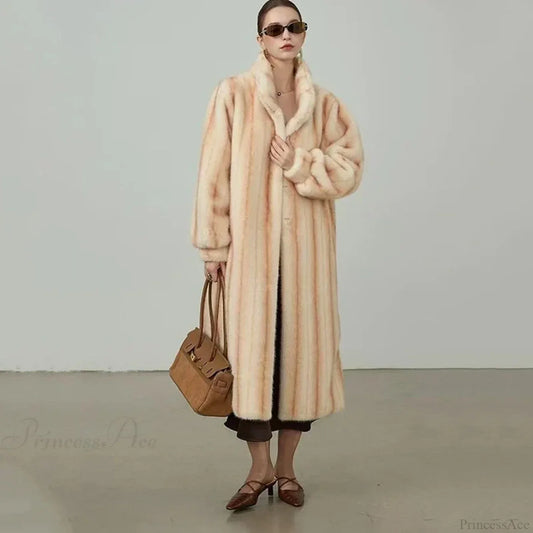 Elegant Standing Collar Faux Fur Mink Overcoat beige 1 / S