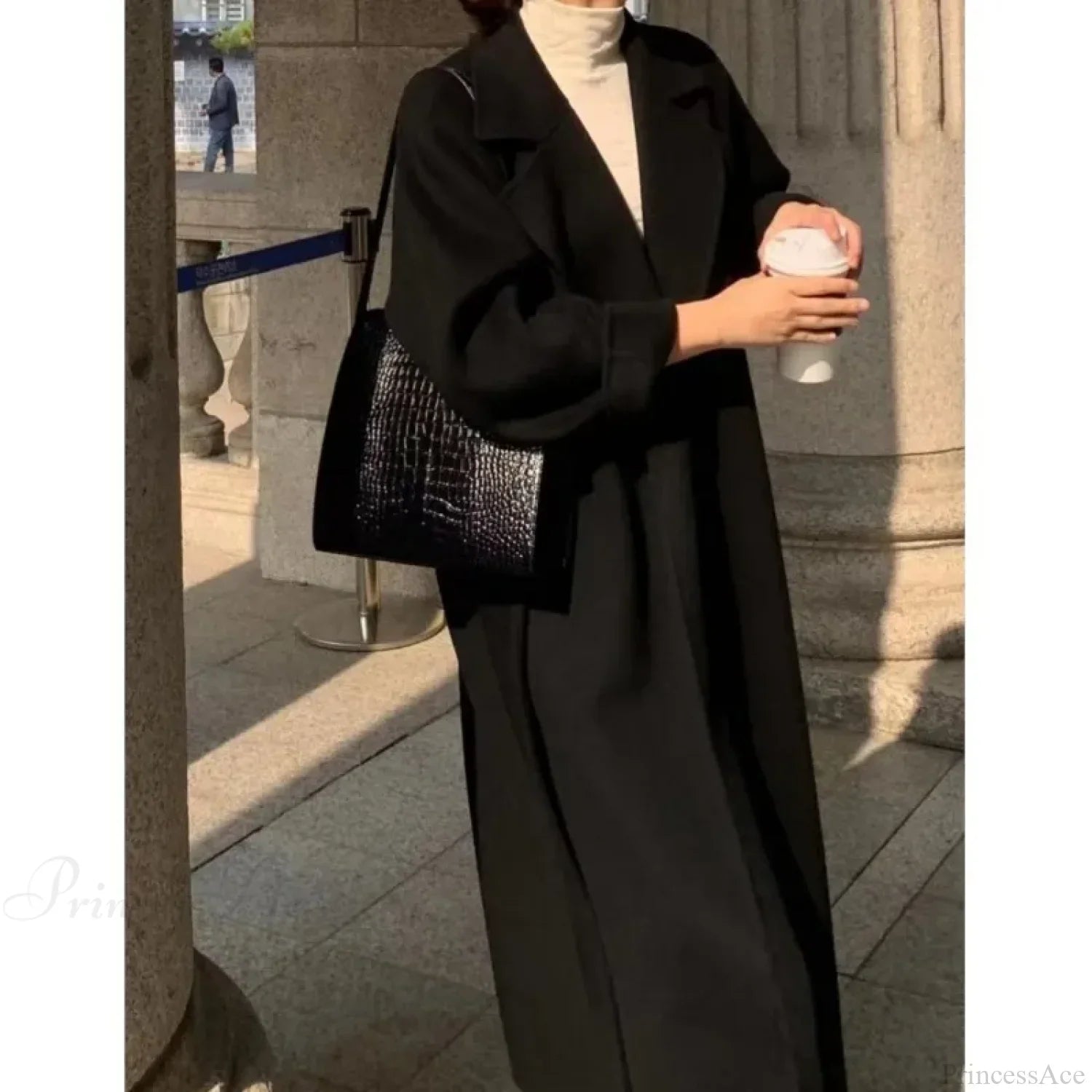 Elegant Woolen Belted Long Overcoat