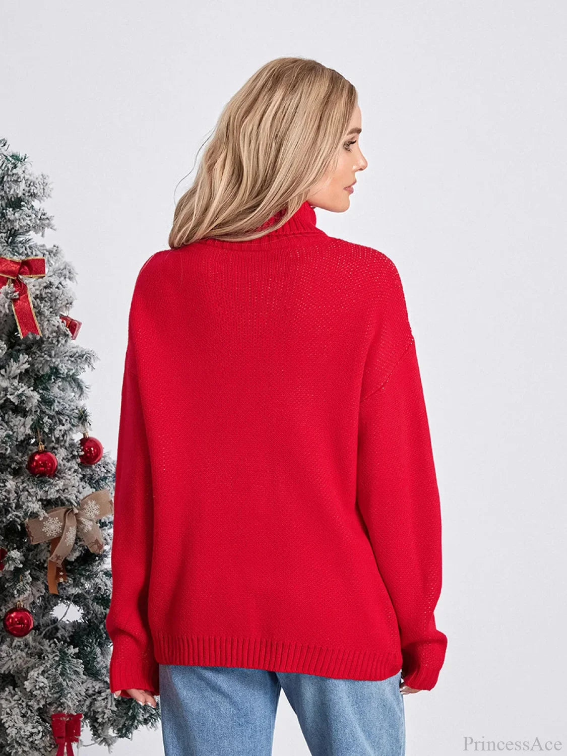 Elk Print Red Casual Long Sleeve Turtleneck Warm Christmas Sweater Sweaters-L