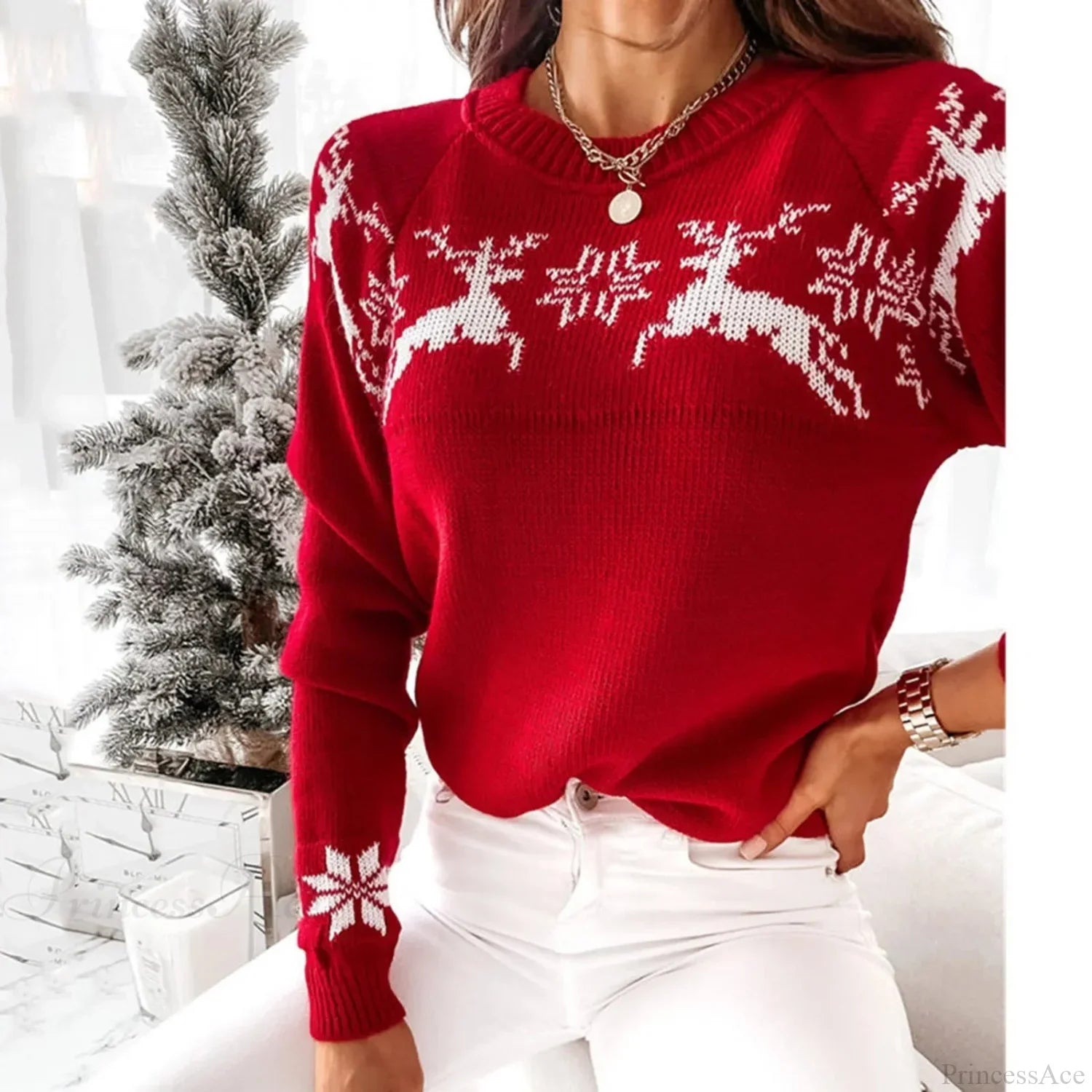 Elk Snowflake Christmas Sweater For Casual Autumn Winter Wear Red / S Sweaters-L