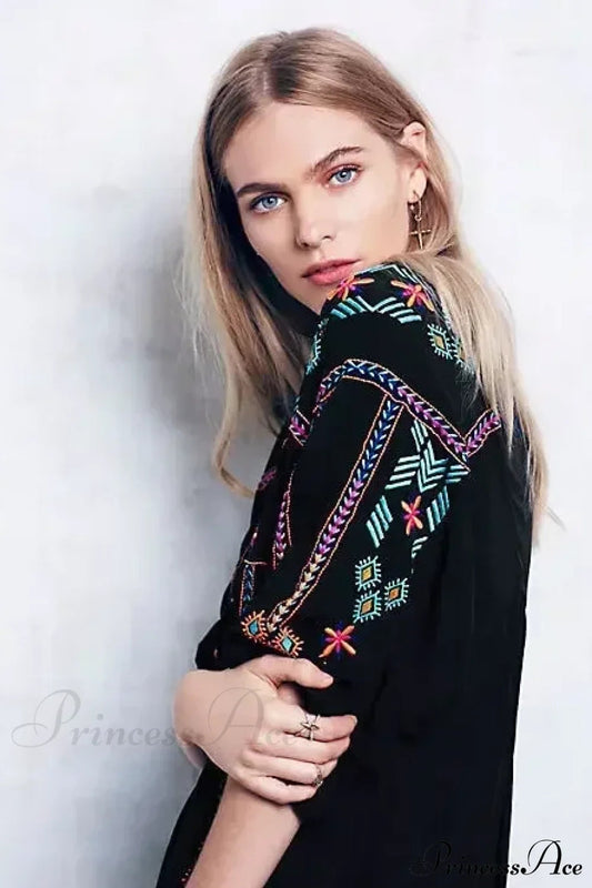 Embroidery Loose V-neck Black Elegant Boho Dress
