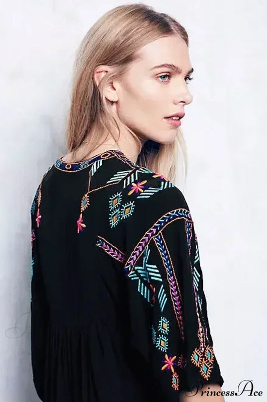 Embroidery Loose V-neck Black Elegant Boho Dress